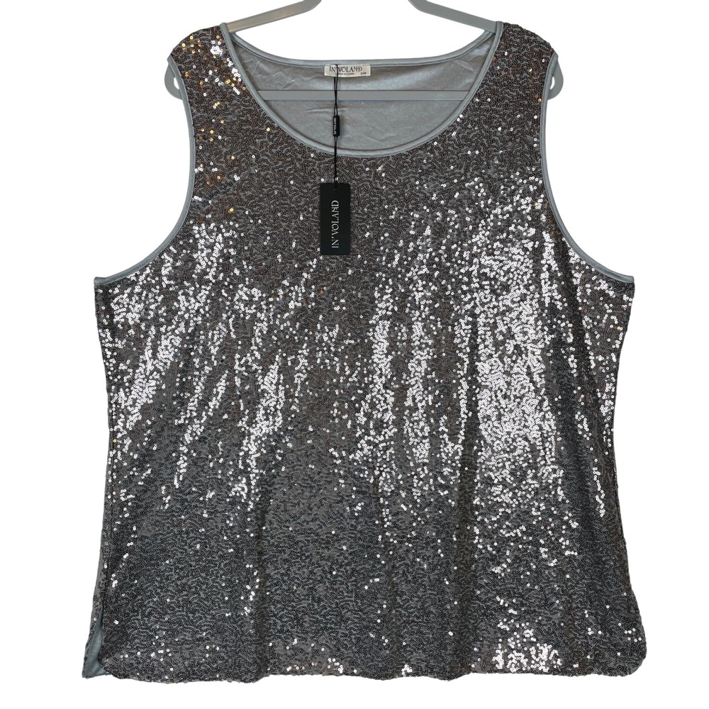 IN'VOLAND Womens 22W Sleeveless‎ Silver Sequin Tank Top Glitter Sparkle